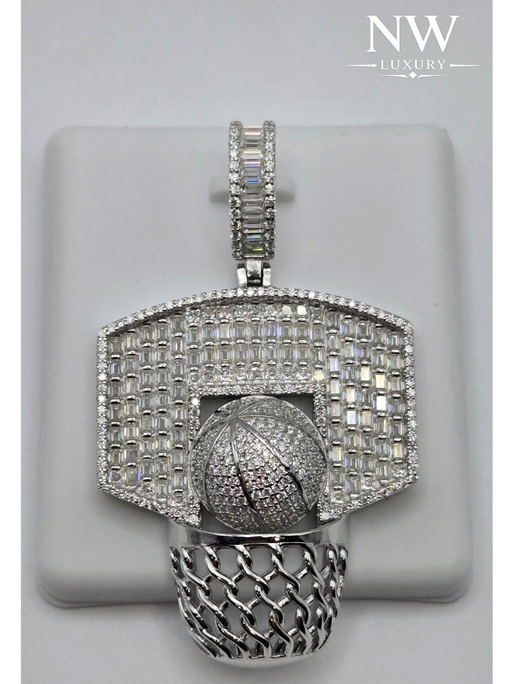 NEW Solid 925 Sterling Silver 8.0CTW MOISSANITE Basketball Hoop Pendant, USA